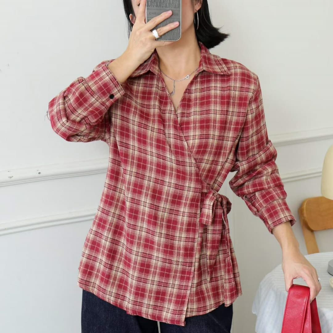 한국 스타일 가을 몸매 가꾸기 허리 수축 레이스업 격자 무늬 셔츠 하라주쿠 스타일 캐주얼 디자인 센스 셔츠 패션 슬림해 보이는 맨위 여성 이미지 5