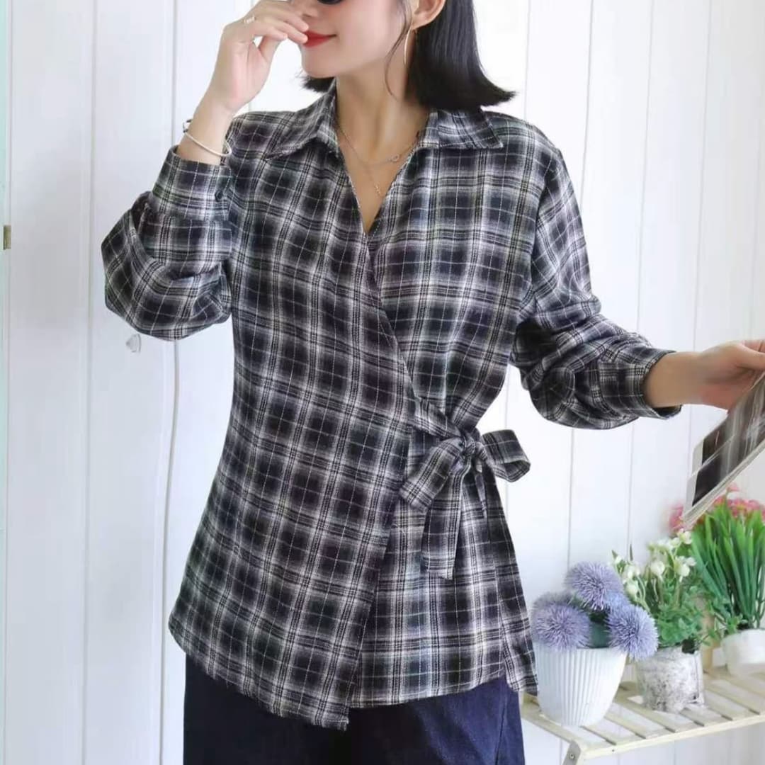 한국 스타일 가을 몸매 가꾸기 허리 수축 레이스업 격자 무늬 셔츠 하라주쿠 스타일 캐주얼 디자인 센스 셔츠 패션 슬림해 보이는 맨위 여성 상세 이미지 7