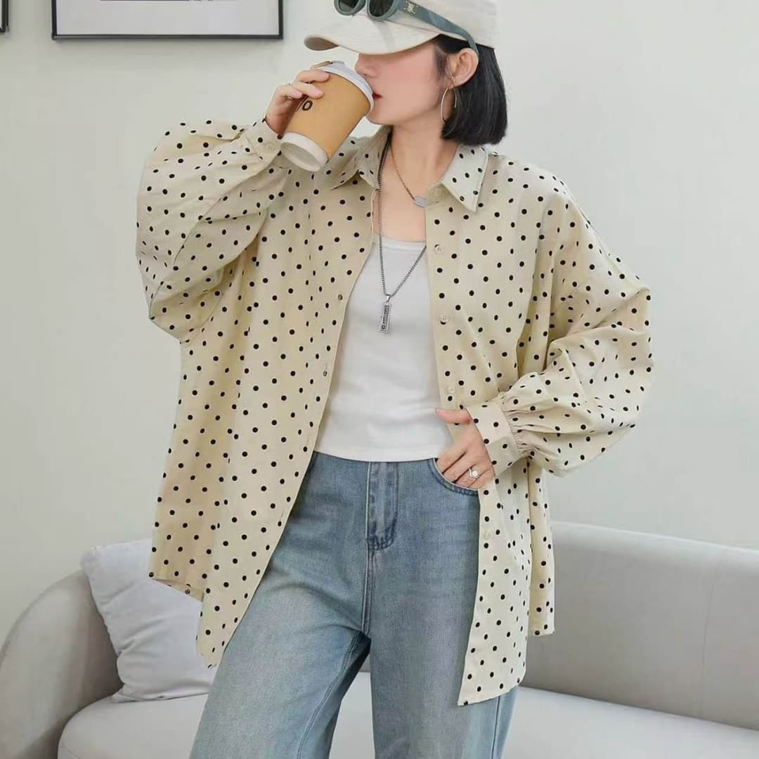 한국 스타일 가을 패션 맨위 oversize 도트 무늬 셔츠 하라주쿠 스타일 긴팔 캐주얼 미니멀리즘 셔츠 여성 재킷 이미지 2