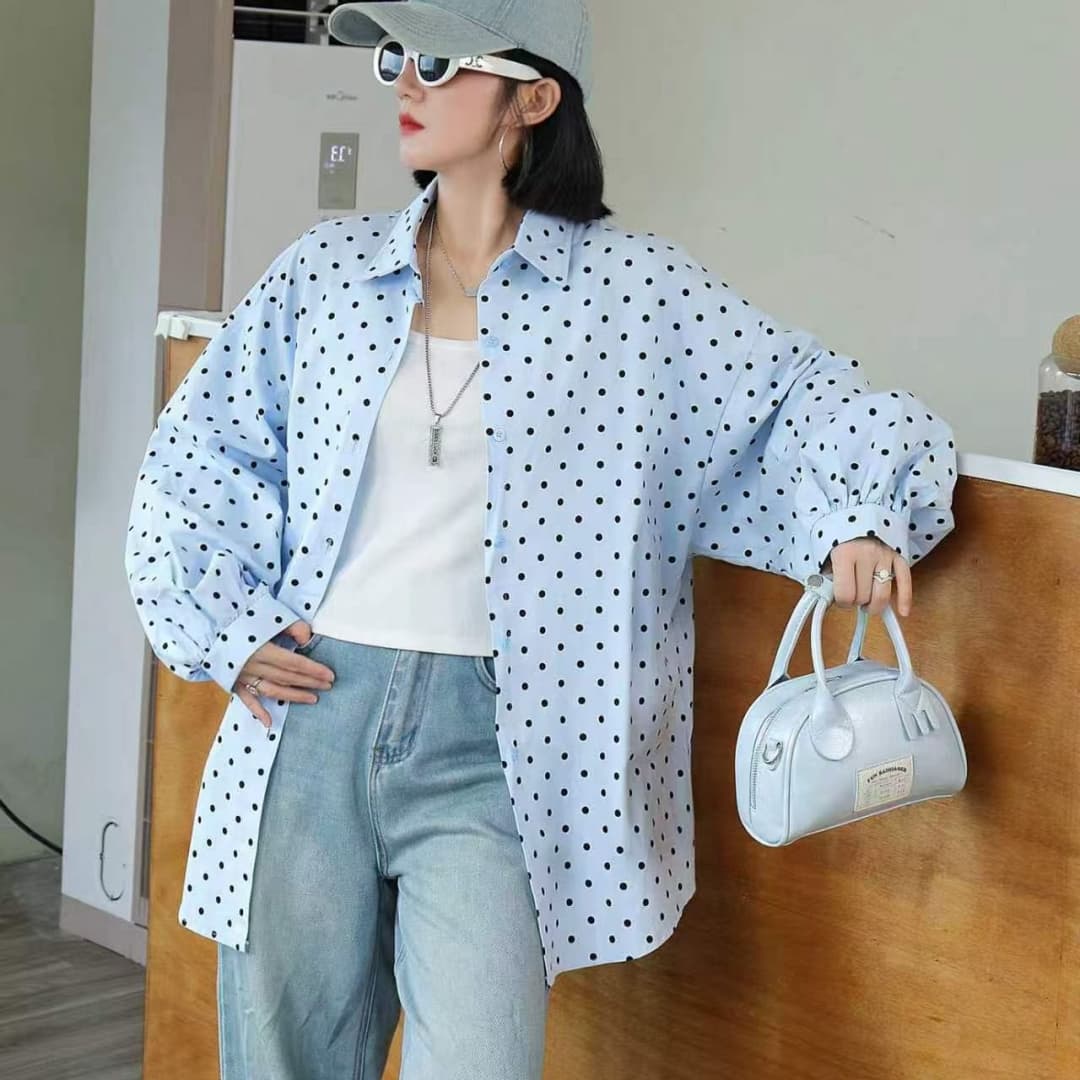 한국 스타일 가을 패션 맨위 oversize 도트 무늬 셔츠 하라주쿠 스타일 긴팔 캐주얼 미니멀리즘 셔츠 여성 재킷 이미지 5