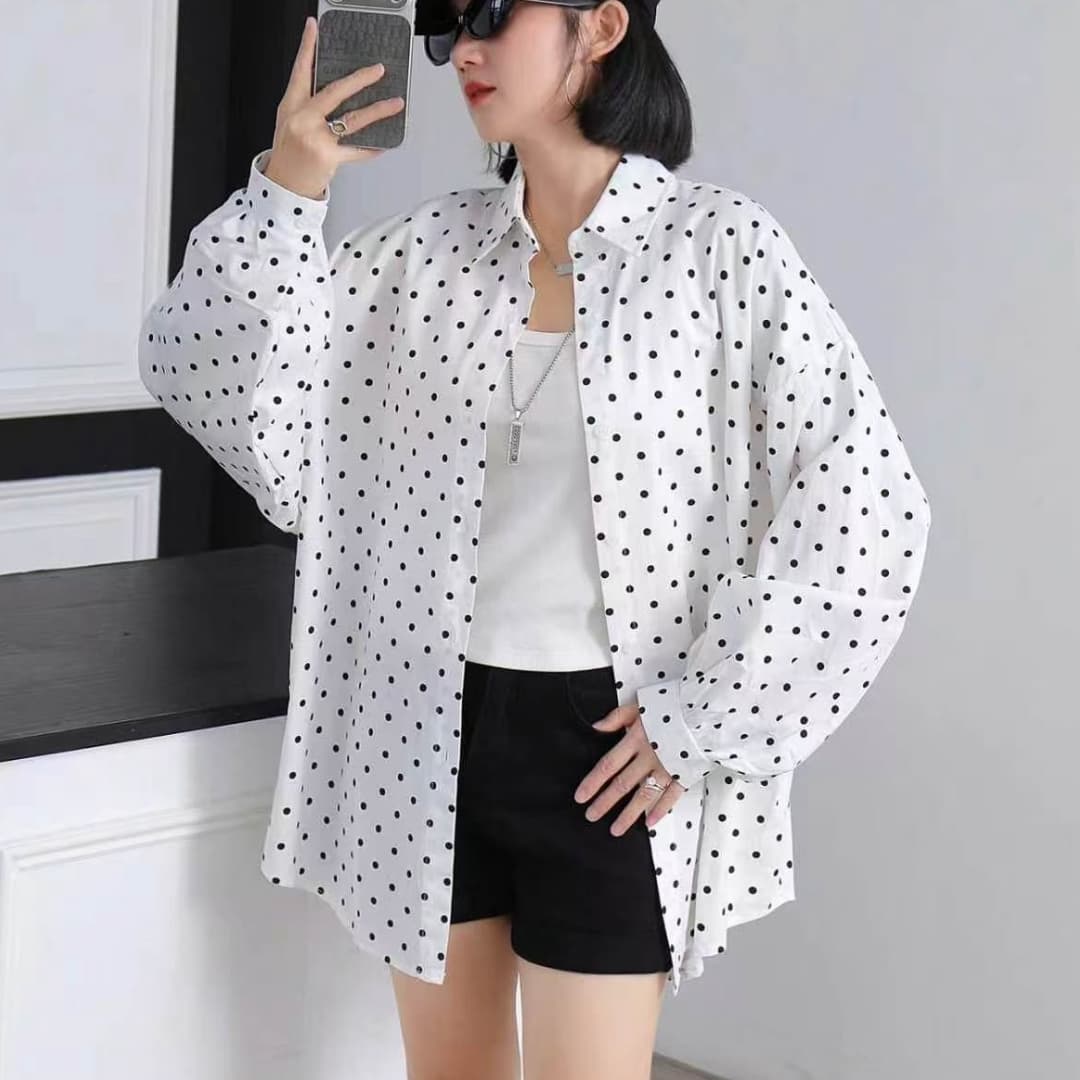한국 스타일 가을 패션 맨위 oversize 도트 무늬 셔츠 하라주쿠 스타일 긴팔 캐주얼 미니멀리즘 셔츠 여성 재킷