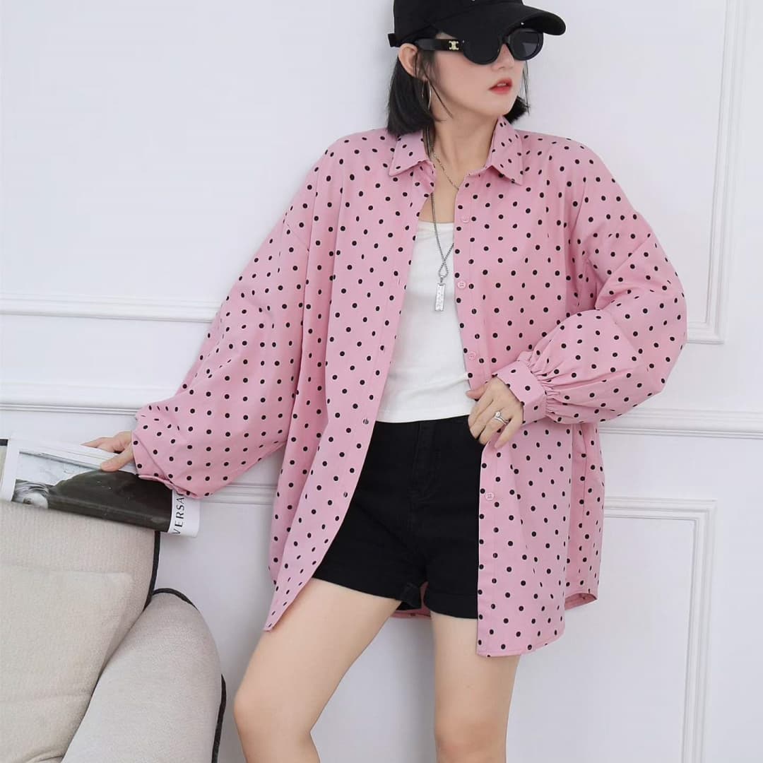 한국 스타일 가을 패션 맨위 oversize 도트 무늬 셔츠 하라주쿠 스타일 긴팔 캐주얼 미니멀리즘 셔츠 여성 재킷 이미지 4