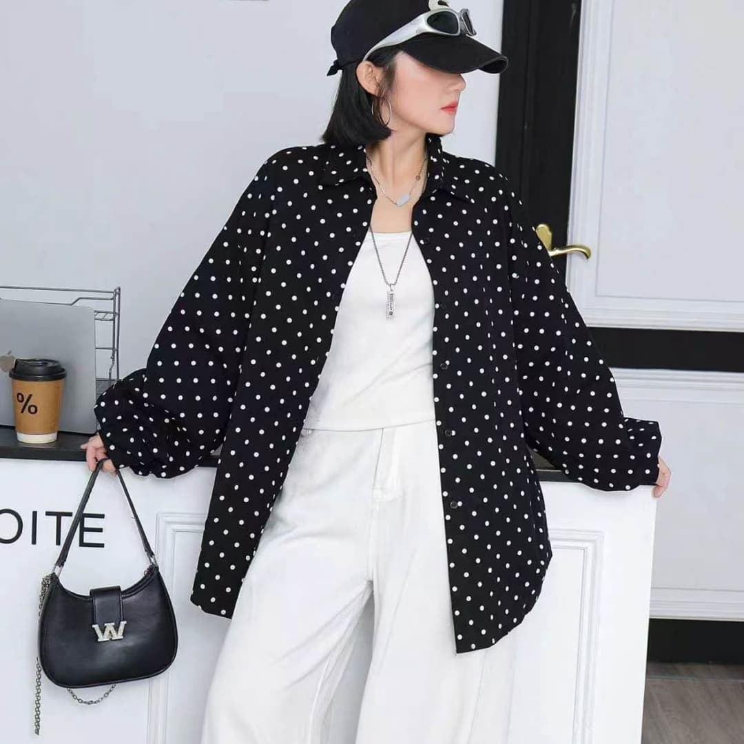 한국 스타일 가을 패션 맨위 oversize 도트 무늬 셔츠 하라주쿠 스타일 긴팔 캐주얼 미니멀리즘 셔츠 여성 재킷 상세 이미지 4