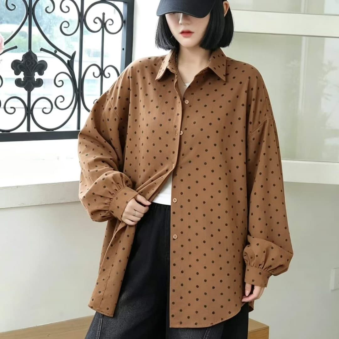 한국 스타일 가을 패션 맨위 oversize 도트 무늬 셔츠 하라주쿠 스타일 긴팔 캐주얼 미니멀리즘 셔츠 여성 재킷 상세 이미지 8