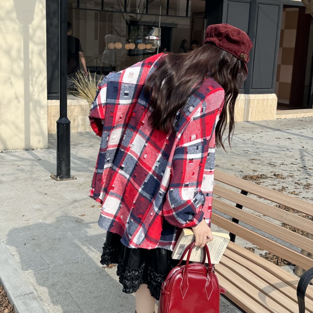 한국 스타일 봄 가을 oversize 찢어진 격자 무늬 셔츠 하라주쿠 스타일 긴팔 루즈핏 캐주얼 자외선 차단 셔츠 여성 코트 상세 이미지 9