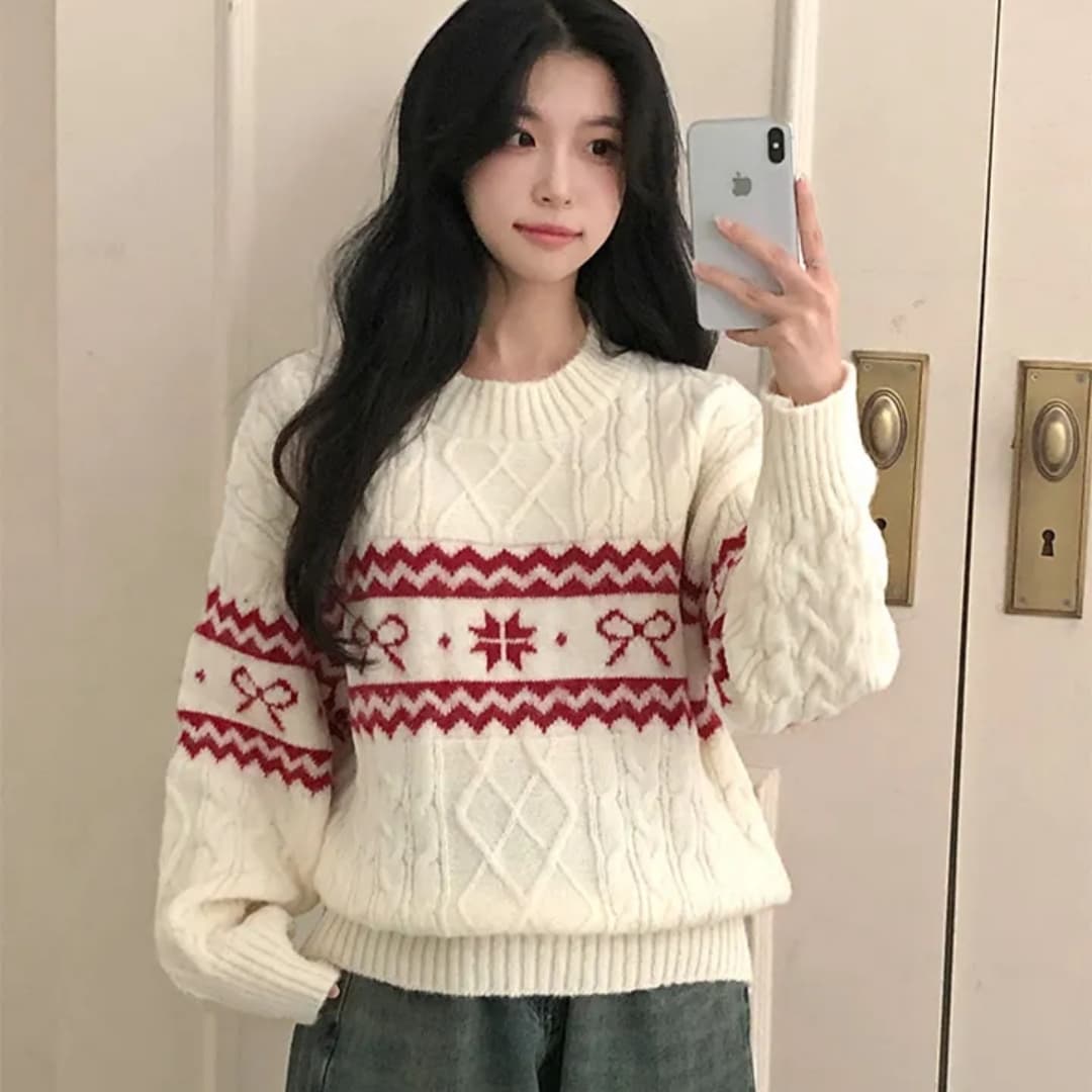 한국 스타일 가을 겨울 크리스마스 자카드 라운드 넥 루즈핏 니트 스웨터 캐주얼 기본 셔츠 게으른 바람 맨위 꽈배기 스웨터 여자 상세 이미지 1