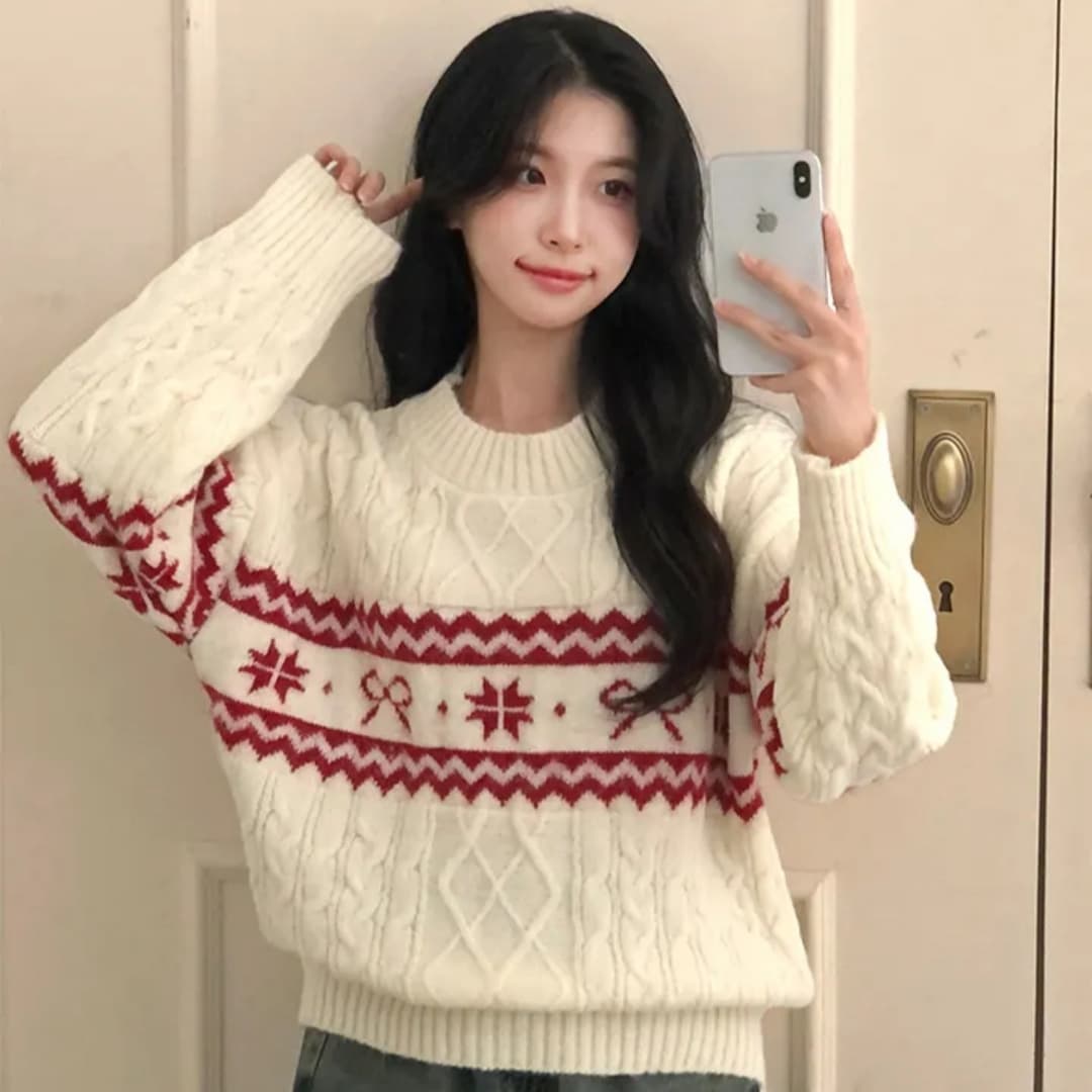 한국 스타일 가을 겨울 크리스마스 자카드 라운드 넥 루즈핏 니트 스웨터 캐주얼 기본 셔츠 게으른 바람 맨위 꽈배기 스웨터 여자 상세 이미지 4
