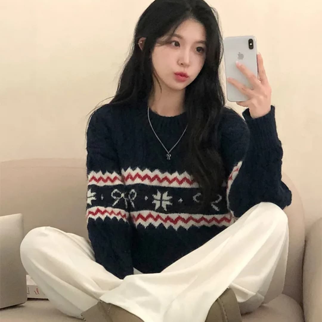 한국 스타일 가을 겨울 크리스마스 자카드 라운드 넥 루즈핏 니트 스웨터 캐주얼 기본 셔츠 게으른 바람 맨위 꽈배기 스웨터 여자 상세 이미지 6