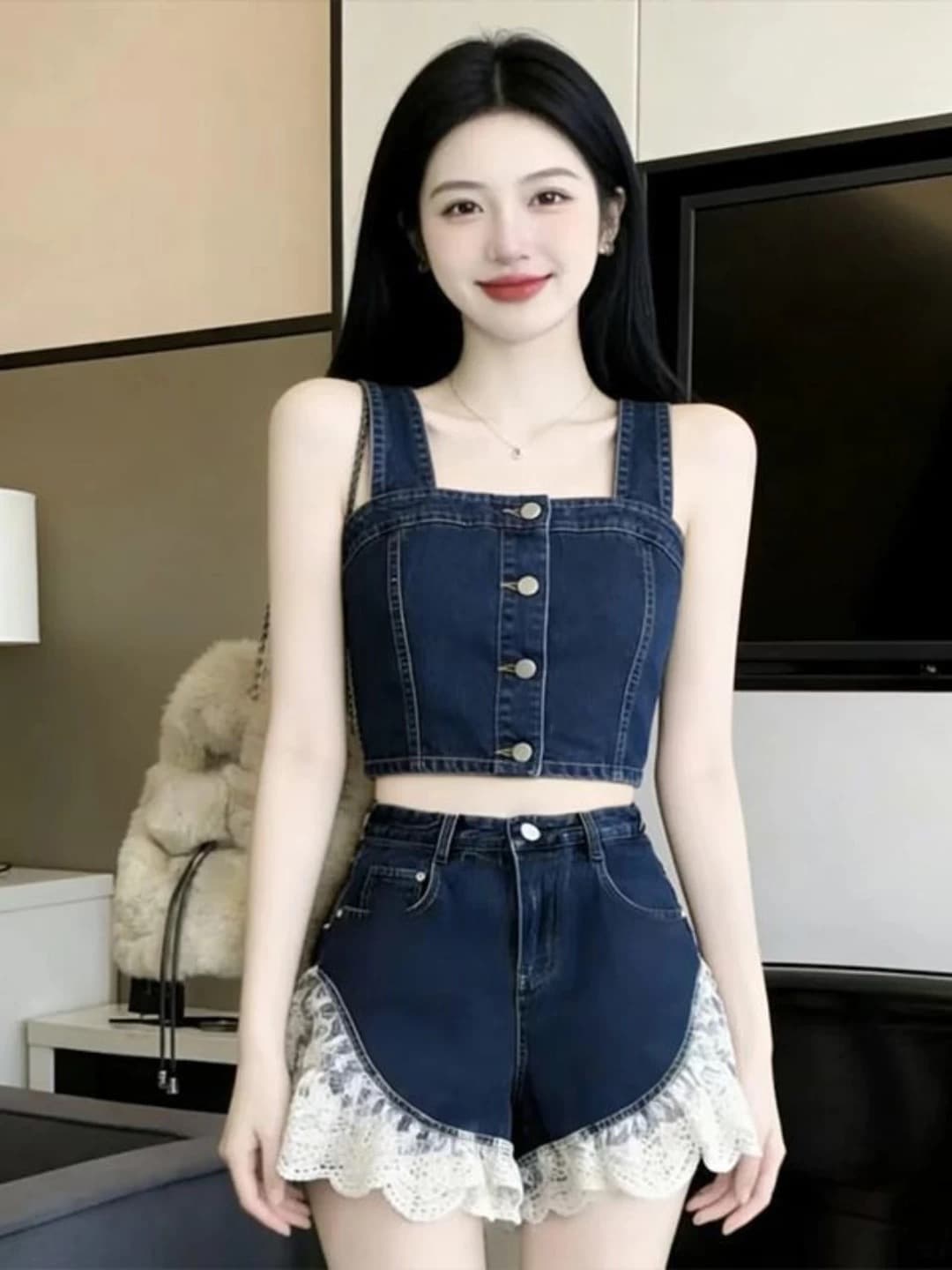 순수한 욕망 핫걸 세트 여성 2026 여름 새로운 한국 스타일 레트로 데님 슬립 레이스 조각 반바지 투피스 세트 이미지 3