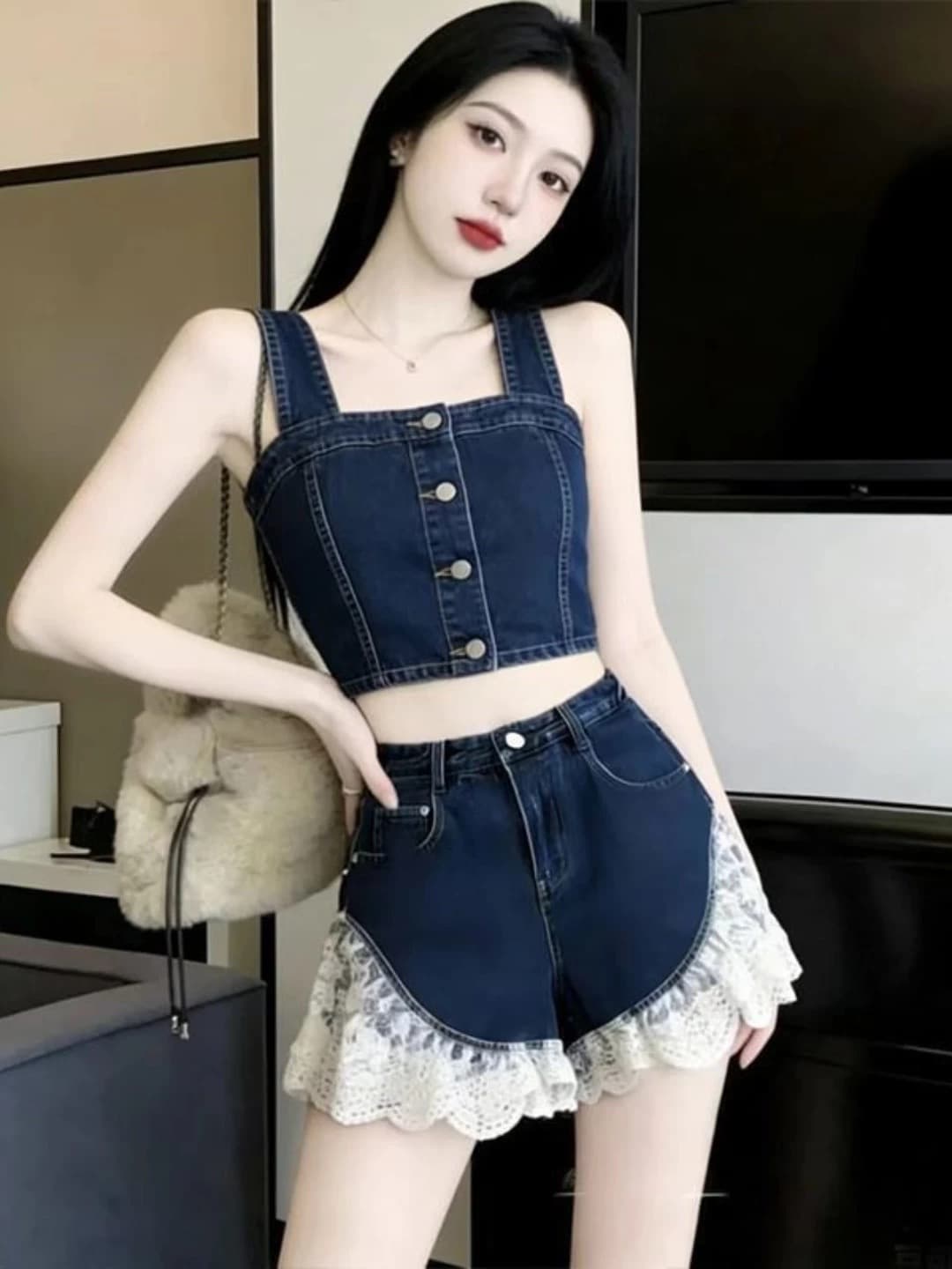 순수한 욕망 핫걸 세트 여성 2026 여름 새로운 한국 스타일 레트로 데님 슬립 레이스 조각 반바지 투피스 세트 상세 이미지 1