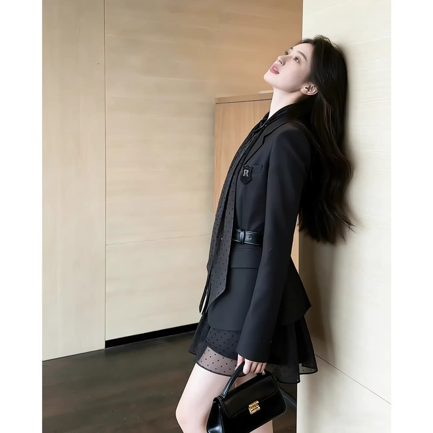 감기 부유 한 가족 천 골드 착용 가져 가라. 그는 벤 바람 고급 센스 망사 패치워크 검정색 두 조각 정장 드레스 아이들 이미지 3