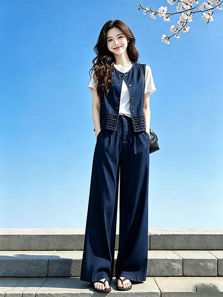 품격 전체 집합 ootd 착용 가져 가라. 연령 감소 캐주얼 운동 고급 센스 베스트 반팔 와이드 레그 팬츠 세 조각 여성 세트 여름 이미지 5