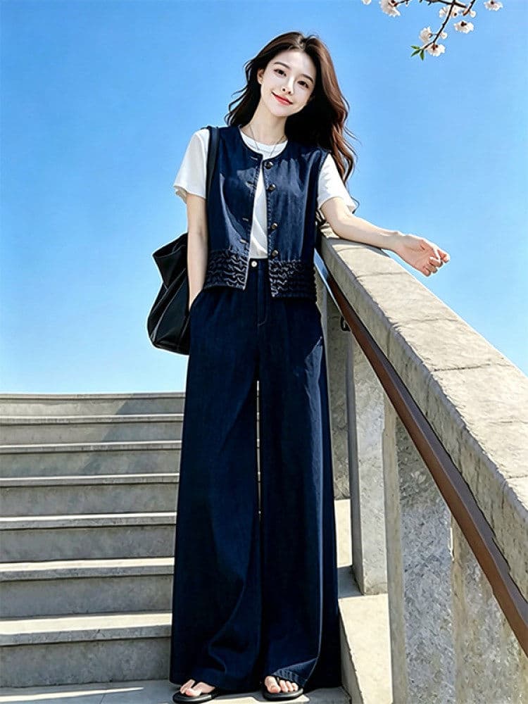 품격 전체 집합 ootd 착용 가져 가라. 연령 감소 캐주얼 운동 고급 센스 베스트 반팔 와이드 레그 팬츠 세 조각 여성 세트 여름 상세 이미지 1