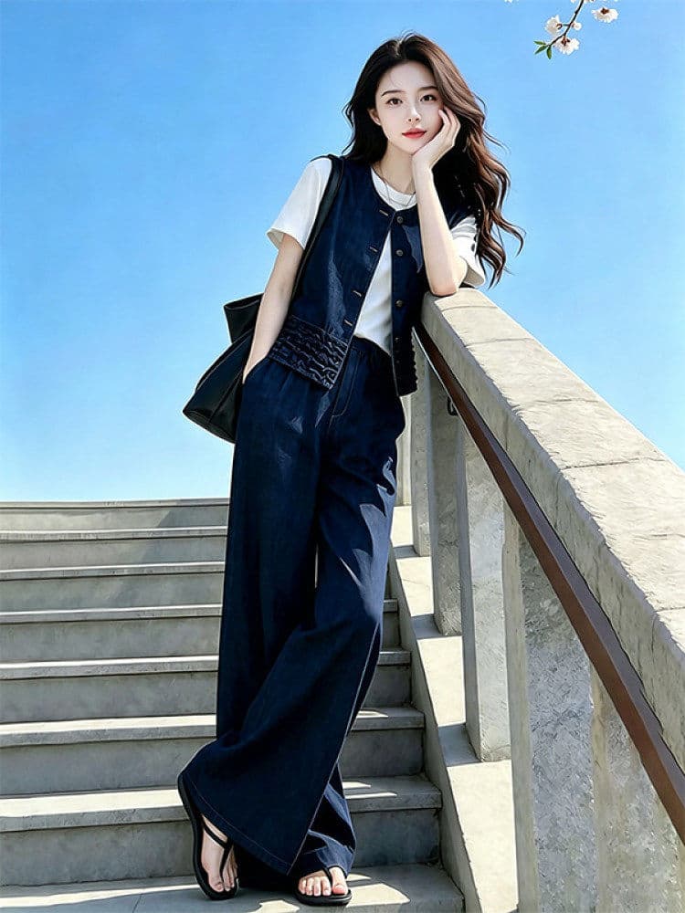 품격 전체 집합 ootd 착용 가져 가라. 연령 감소 캐주얼 운동 고급 센스 베스트 반팔 와이드 레그 팬츠 세 조각 여성 세트 여름 상세 이미지 3