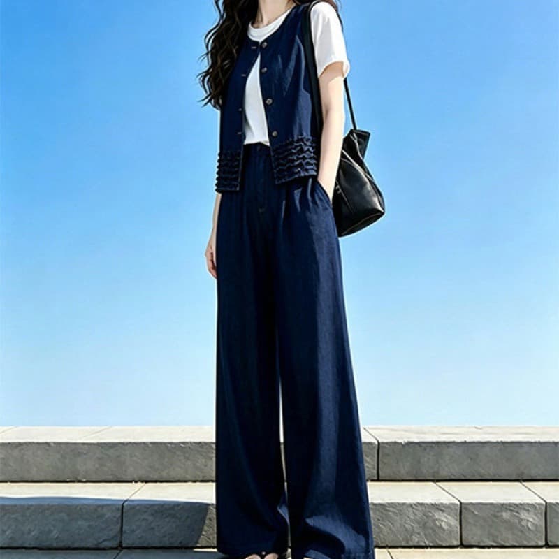 품격 전체 집합 ootd 착용 가져 가라. 연령 감소 캐주얼 운동 고급 센스 베스트 반팔 와이드 레그 팬츠 세 조각 여성 세트 여름 상세 이미지 5