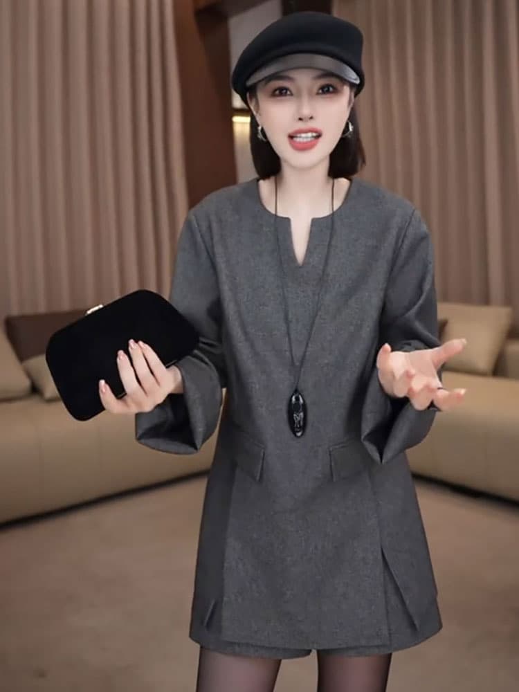 유럽 상품 빅 사이즈 캐주얼 정장 세트 여성 2026 새로운 풀오버 V넥 정장 재킷 와이드 레그 팬츠 투피스 슈트 상세 이미지 2
