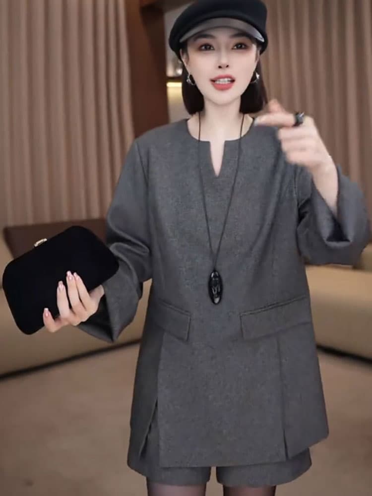 유럽 상품 빅 사이즈 캐주얼 정장 세트 여성 2026 새로운 풀오버 V넥 정장 재킷 와이드 레그 팬츠 투피스 슈트 상세 이미지 4