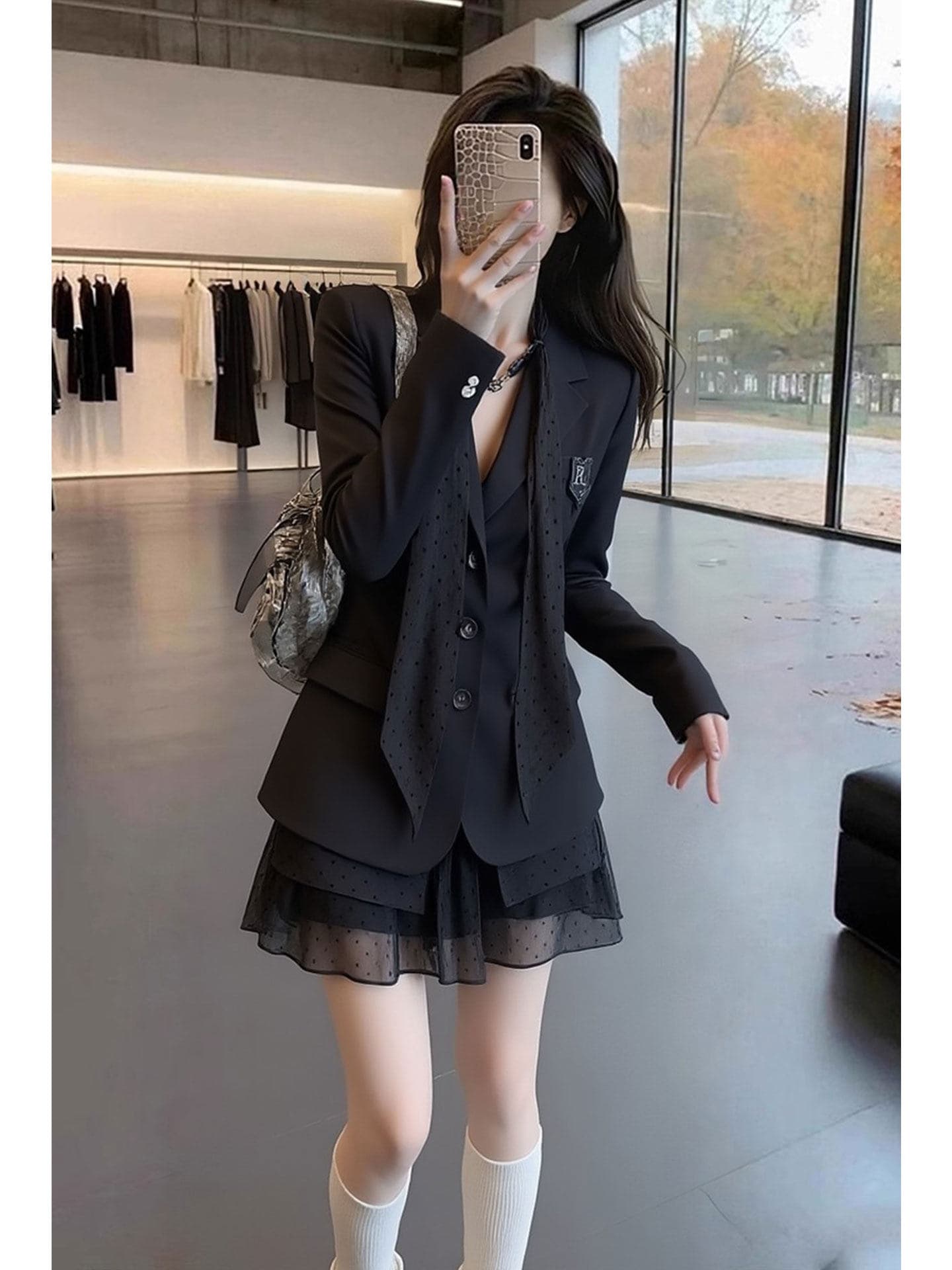 한 부서 부유 한 가족 천 골드 miu 부서 착용 가져 가라. 검정색 페이크 레이어드 정장 여성 드레스 2026 년 새로운 작은 키 상세 이미지 1