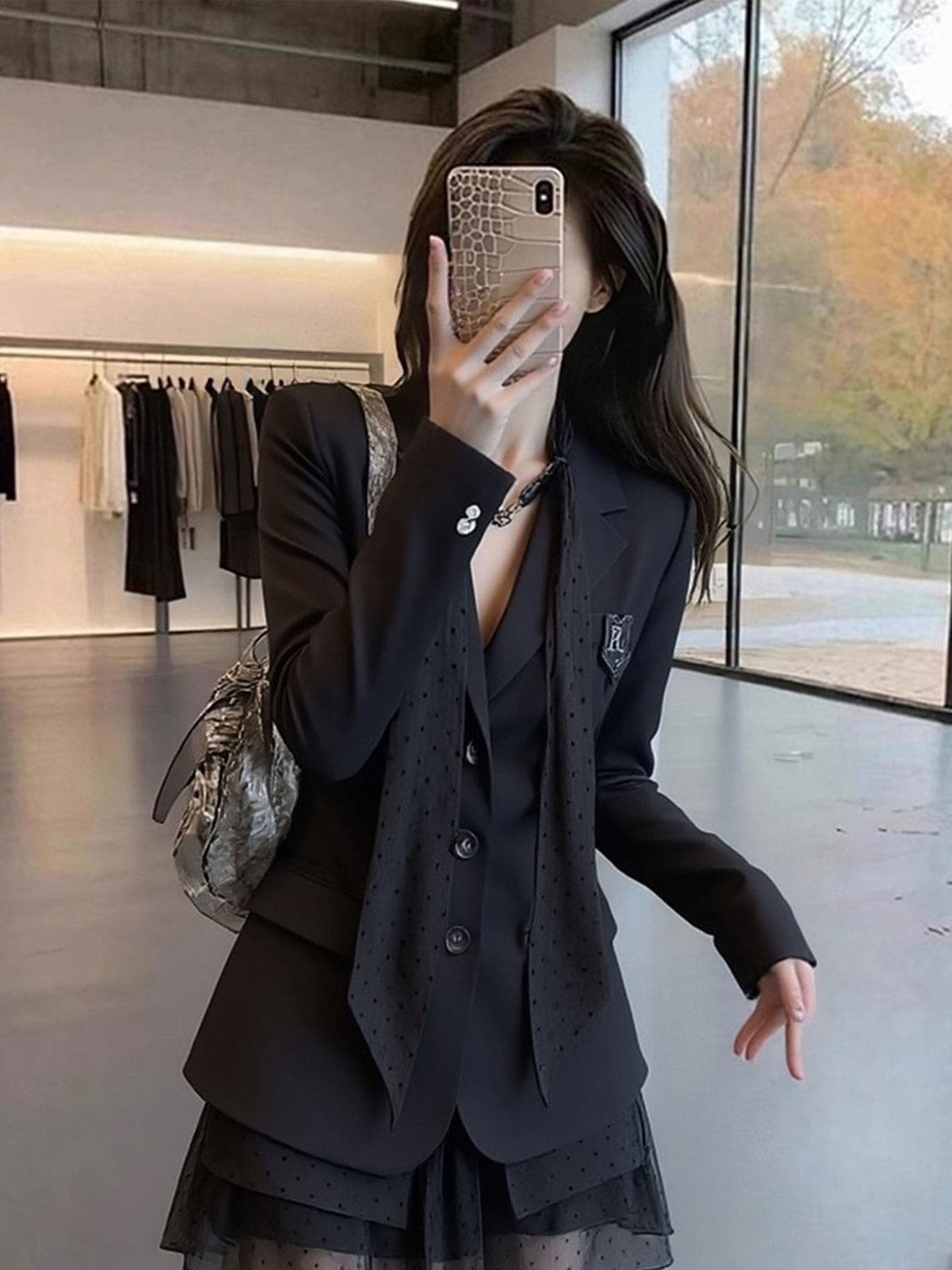 한 부서 부유 한 가족 천 골드 miu 부서 착용 가져 가라. 검정색 페이크 레이어드 정장 여성 드레스 2026 년 새로운 작은 키 상세 이미지 2
