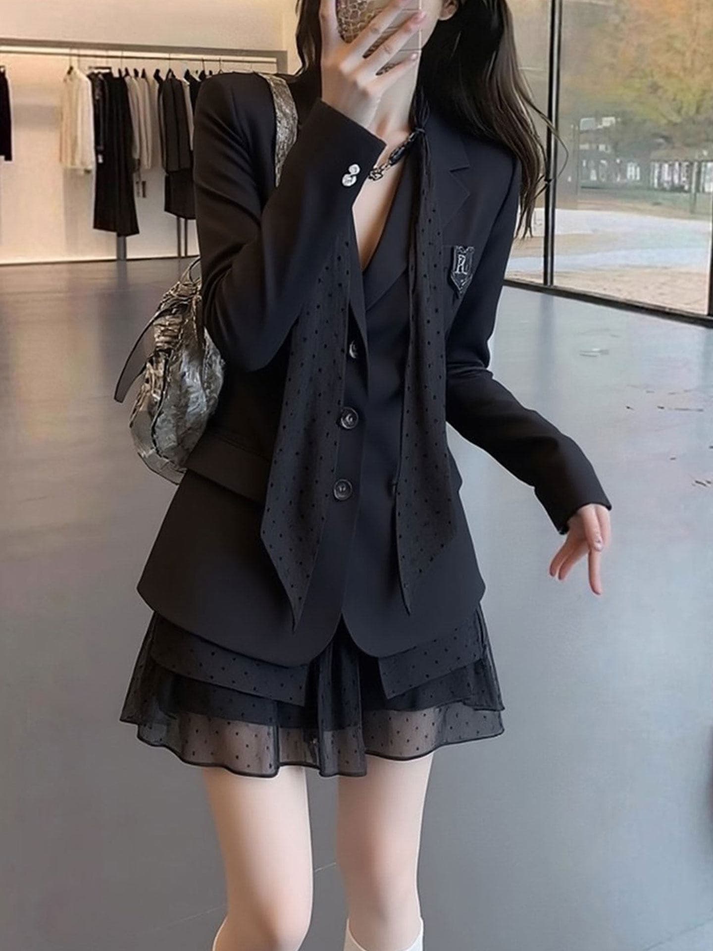 한 부서 부유 한 가족 천 골드 miu 부서 착용 가져 가라. 검정색 페이크 레이어드 정장 여성 드레스 2026 년 새로운 작은 키 상세 이미지 3