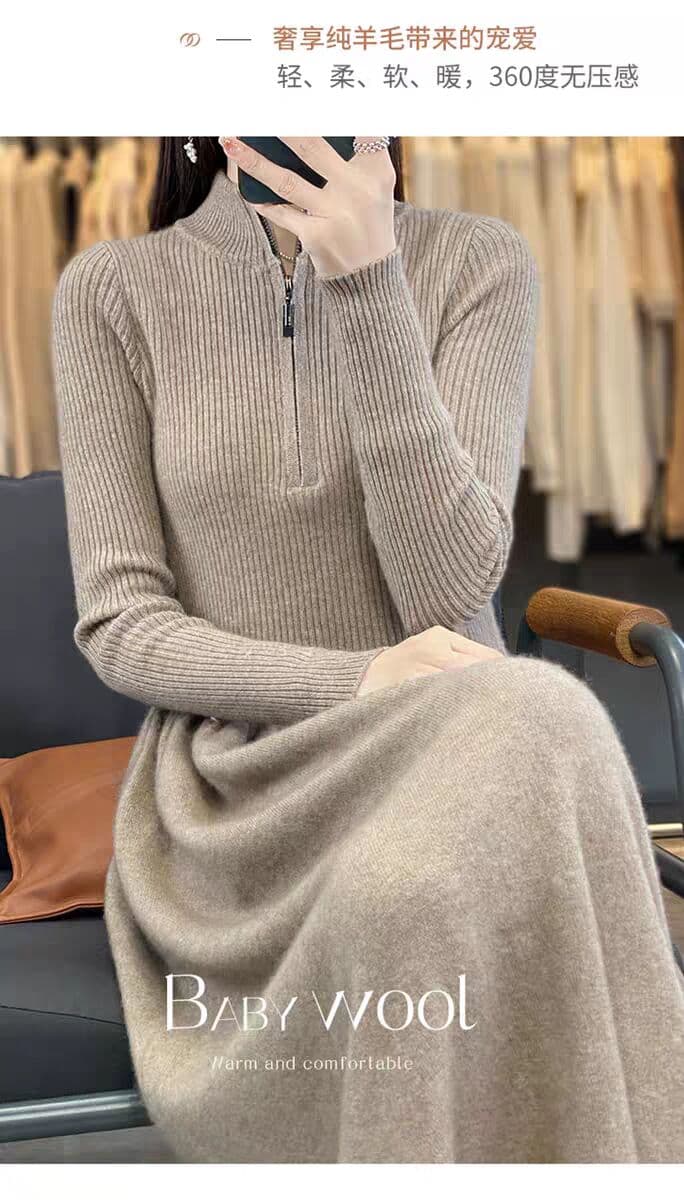 가을 겨울 새로운 무릎 아래 허리 수축 순수한 한 마디 여성 드레스 반 개방 지퍼 중간 길이 니트 롱 스커트 상세 이미지 9