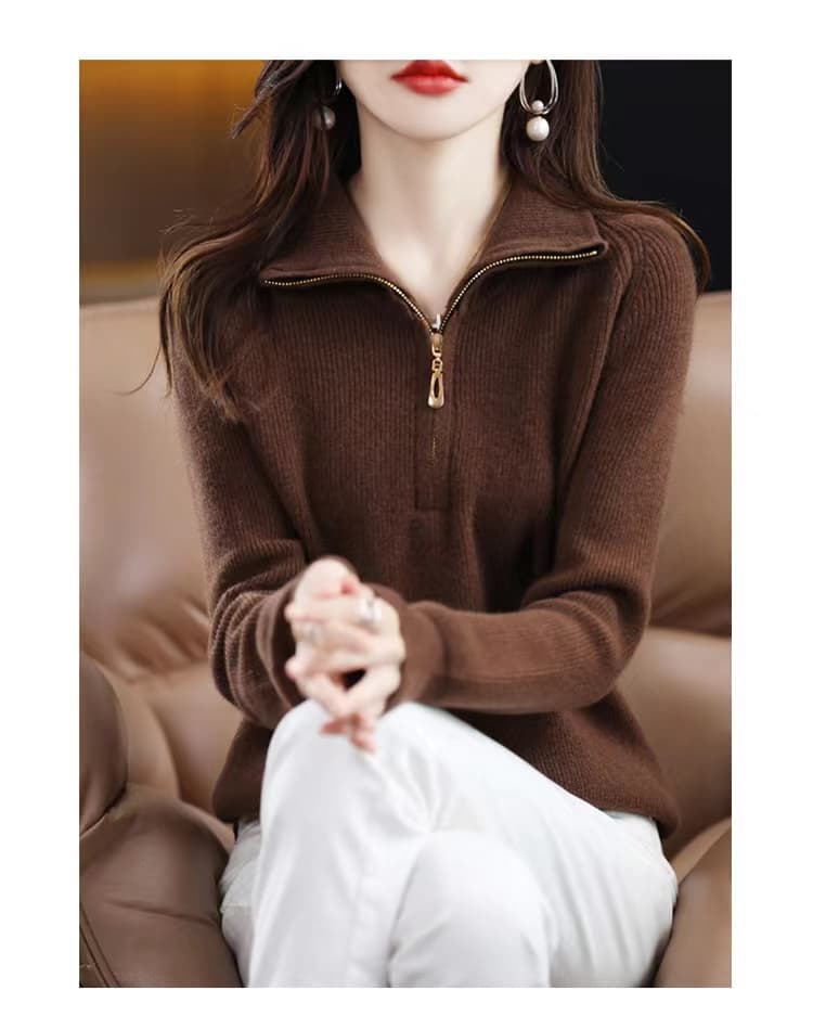가을 겨울 새로운 순수한 카디건 여성 폴로 칼라 풀오버 루즈핏 종류 하프 높음 다용도 양모 스웨터 니트 슬림해 보이는 상세 이미지 6