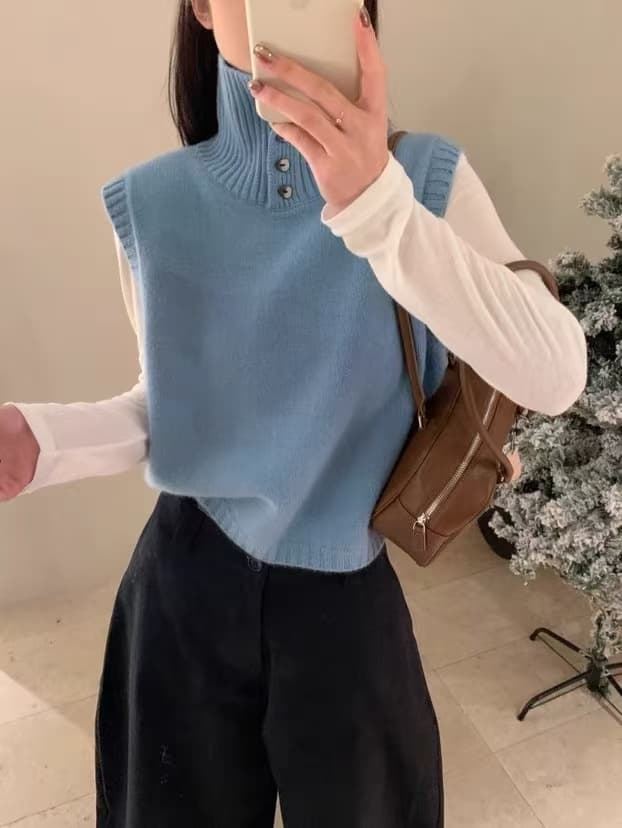 프랑스식 외출용 반 개방 터틀넥 니트 스웨터 베스트 여성 조기 가을 겨울 스택 착용 보온 인사이드 가져 가라. 조끼 양모 맨위 상세 이미지 10