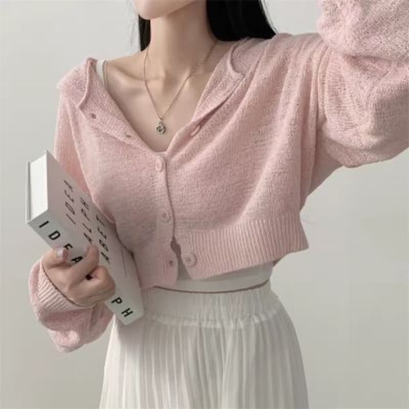 한국 chic 봄 가을 느긋한 바람 쇼트 스타일 루즈핏 단색 벌룬 소매 후드 긴팔 오픈 가디건 니트 스웨터 이미지 5