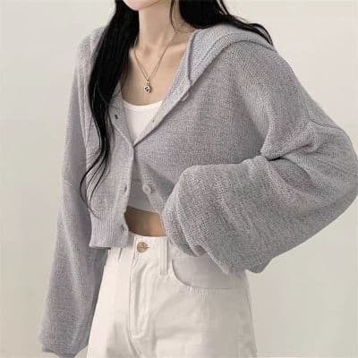 한국 chic 봄 가을 느긋한 바람 쇼트 스타일 루즈핏 단색 벌룬 소매 후드 긴팔 오픈 가디건 니트 스웨터 상세 이미지 4