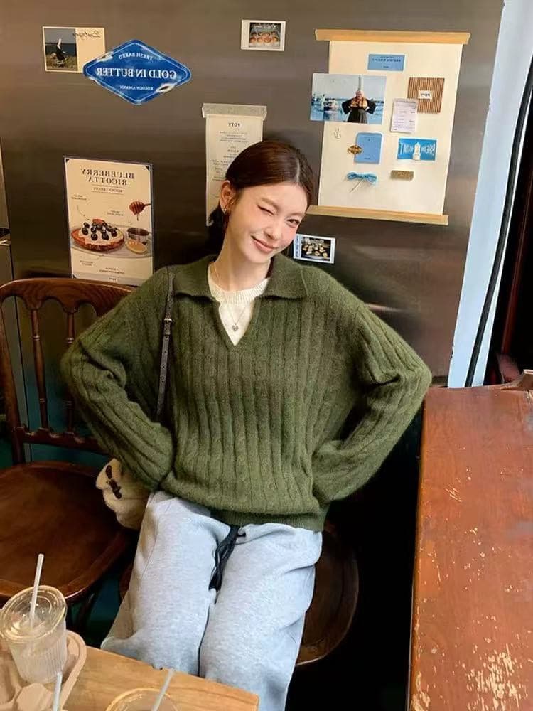 POLO 칼라 꽈배기 풀오버 스웨터 여자 가을 겨울 루즈핏 느긋한 바람 니트 스웨터 맨위 작은 키 상세 이미지 4