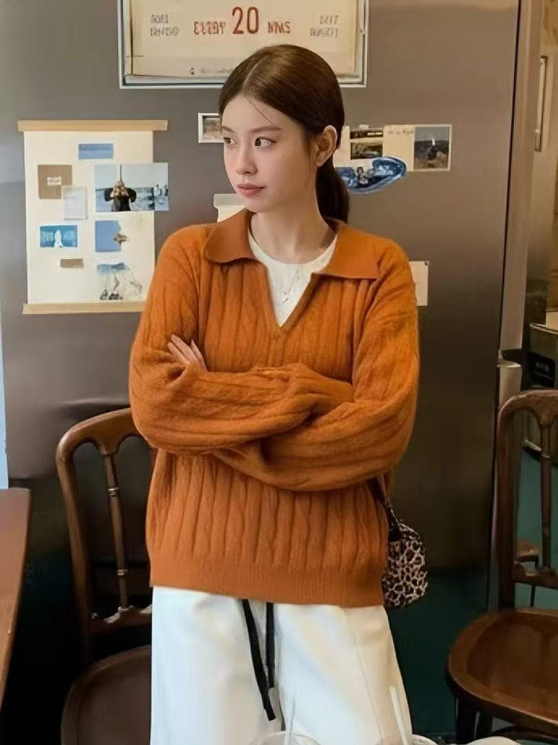 POLO 칼라 꽈배기 풀오버 스웨터 여자 가을 겨울 루즈핏 느긋한 바람 니트 스웨터 맨위 작은 키 상세 이미지 5