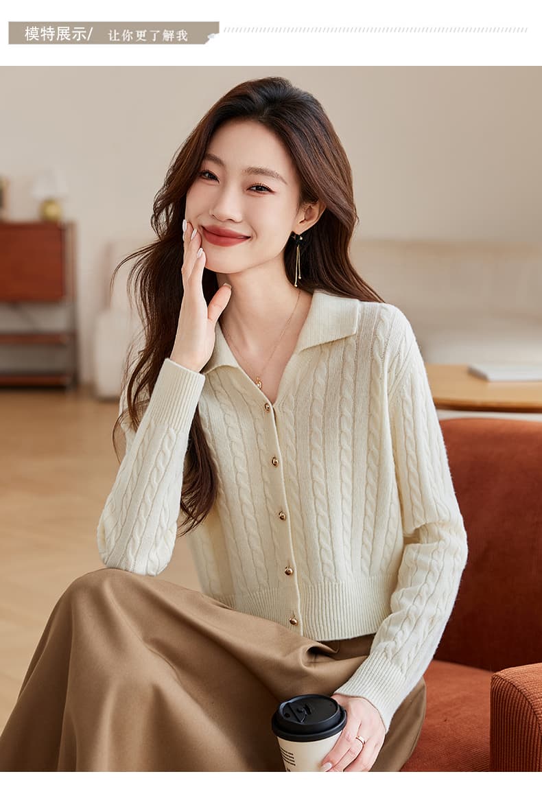 레트로 꽈배기 폴로 칼라 양모 니트 오픈 가디건 여성 2026 새로운 봄 가을 외부 가져 가라. 쇼트 스타일 스웨터 코트 상세 이미지 9