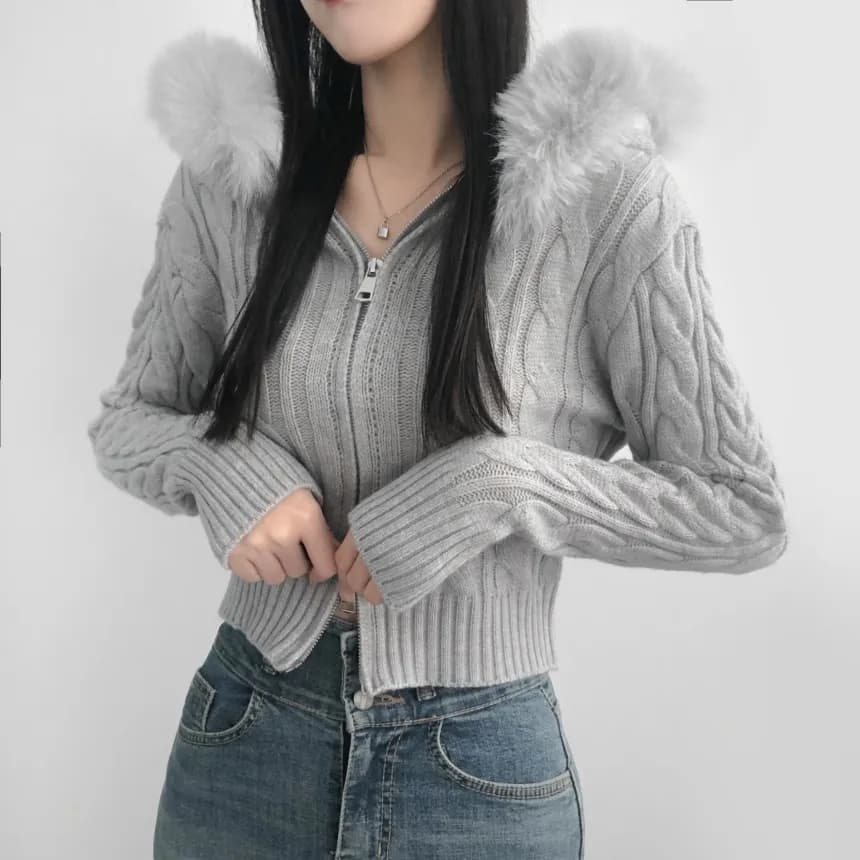 한국 한 팬 패션 여우털 모피 칼라 후드 지퍼 니트 스웨터 몸매 가꾸기 두꺼운 스웨터 코트 상세 이미지 16