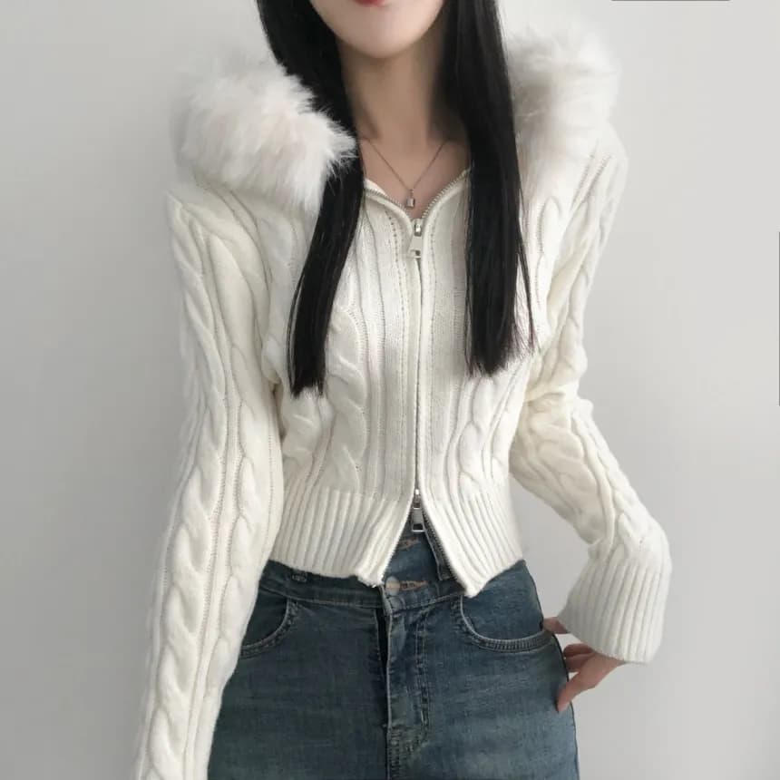 한국 한 팬 패션 여우털 모피 칼라 후드 지퍼 니트 스웨터 몸매 가꾸기 두꺼운 스웨터 코트 상세 이미지 22