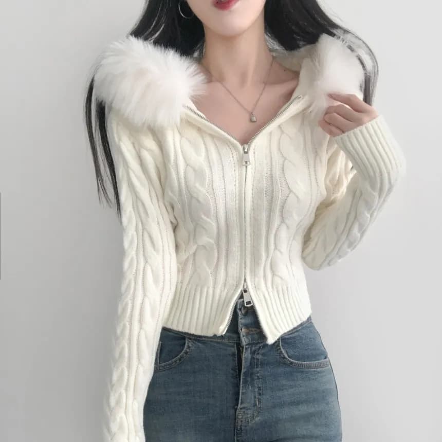 한국 한 팬 패션 여우털 모피 칼라 후드 지퍼 니트 스웨터 몸매 가꾸기 두꺼운 스웨터 코트 상세 이미지 28