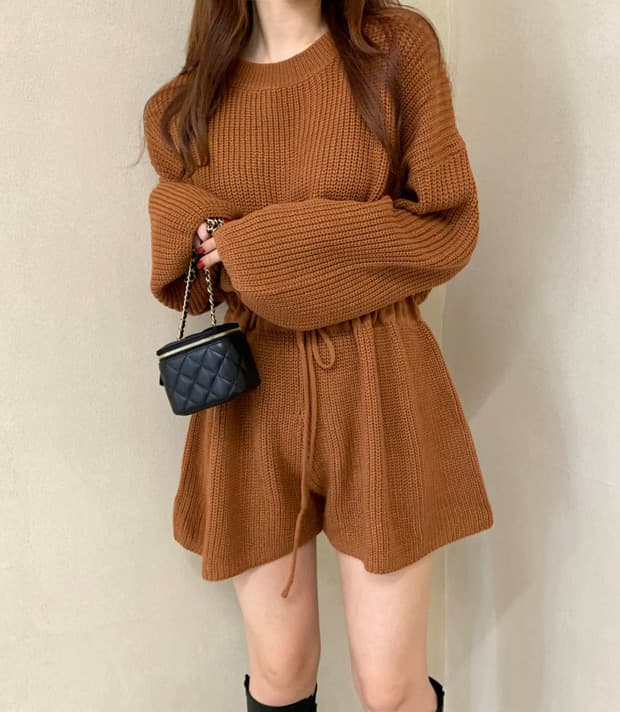 한국 chic 레트로 펌프 로프 레이스업 허리 수축 긴팔 니트 넓은 다리 올인원 바지 반바지 여성 상세 이미지 1