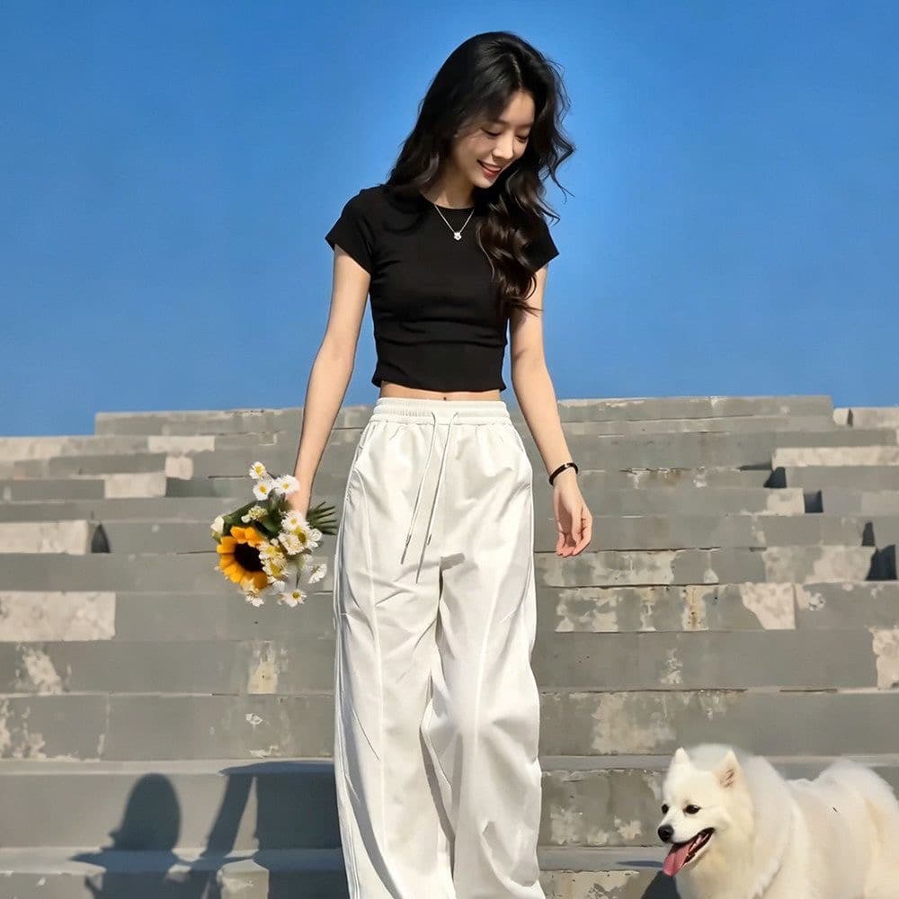 여름 품격 연령 감소 세트 여성 검정색 반팔 티셔츠 다용도 루즈핏 슬림해 보이는 넓은 다리 캐주얼 바지 투피스 세트 상세 이미지 1