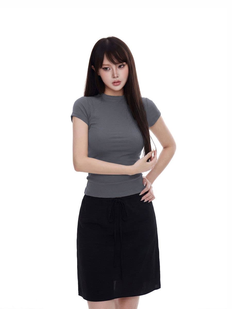 프랑스식 품격 몸매 가꾸기 라운드 넥 반팔 맨위 다용도 하이웨이스트 슬림해 보이는 한 마디 반신 치마 세트 봄 새로운 상세 이미지 1