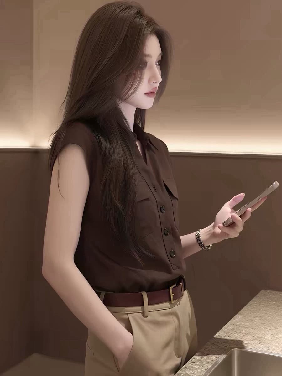 프랑스식 빛 요리 한 바람 POLO 칼라 반팔 여성 셔츠 2026 여름 출퇴근 새로운 레트로 캐주얼 9 분 바지 상세 이미지 1