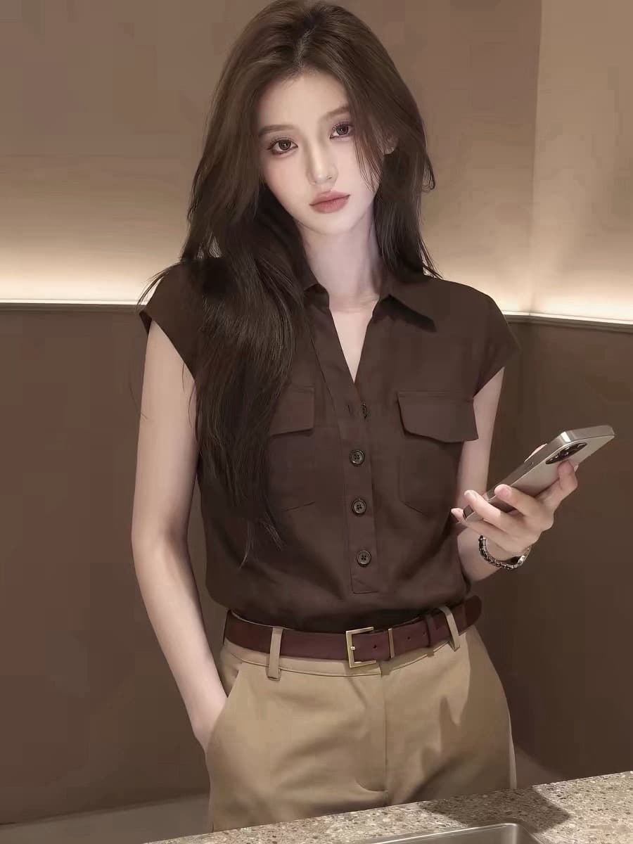 프랑스식 빛 요리 한 바람 POLO 칼라 반팔 여성 셔츠 2026 여름 출퇴근 새로운 레트로 캐주얼 9 분 바지 상세 이미지 4