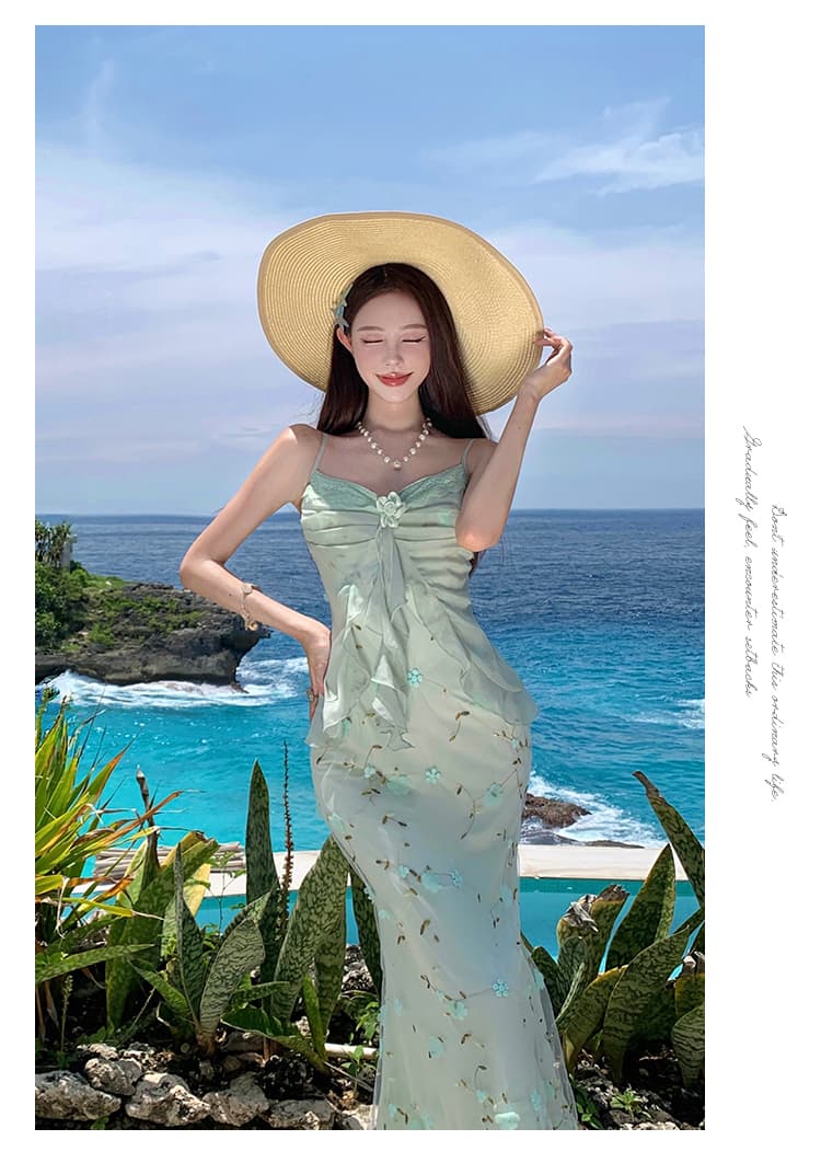 해변가 휴가 녹색 여성 드레스 여름 3 차원 꽃무늬 아름다운 쉬폰 슬립 드레스 롱 스커트 상세 이미지 15