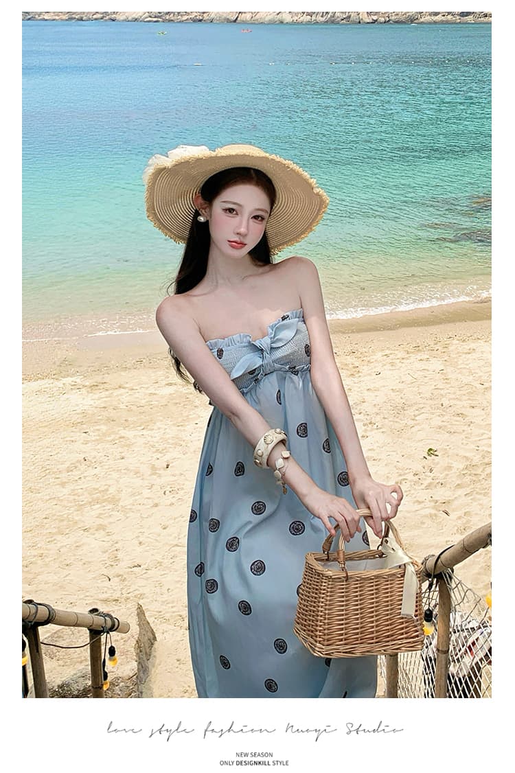 달콤한 Pinellia 프랑스식 휴가 바람 파란색 튜브탑 도트 무늬 드레스 상세 이미지 10