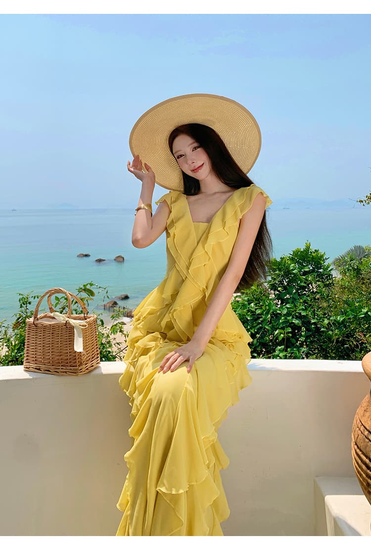 프랑스식 황색 휴가 여성 드레스 디자인 센스 프릴 섹시함 롱 스커트 상세 이미지 11