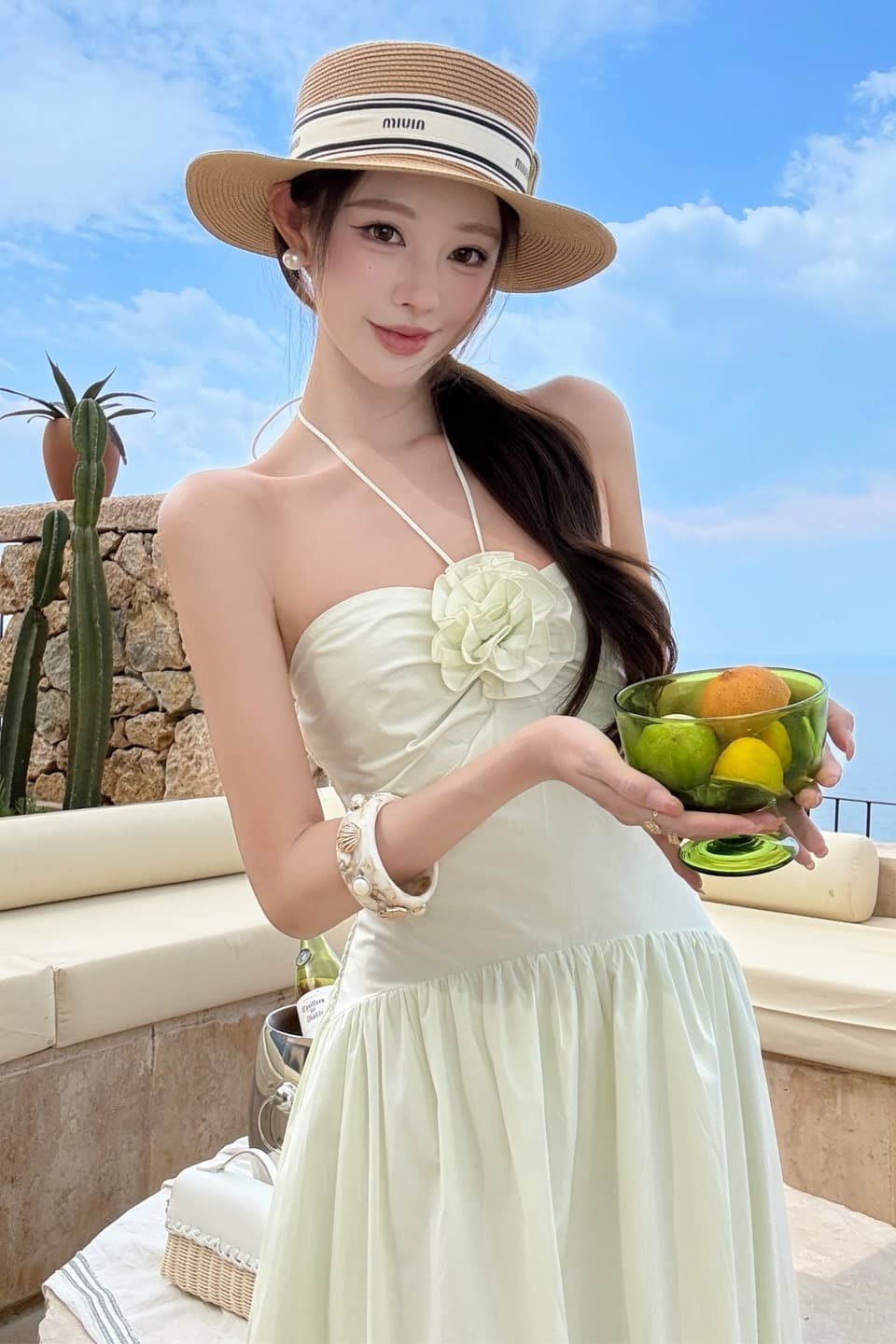 시실리 휴일 장미 행침 목 허리 수축 세련된 면 100% 슬립 롱 코트 여름 드레스 이미지 7