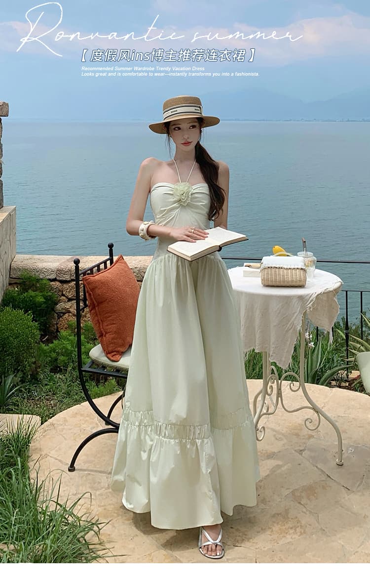 시실리 휴일 장미 행침 목 허리 수축 세련된 면 100% 슬립 롱 코트 여름 드레스 상세 이미지 1