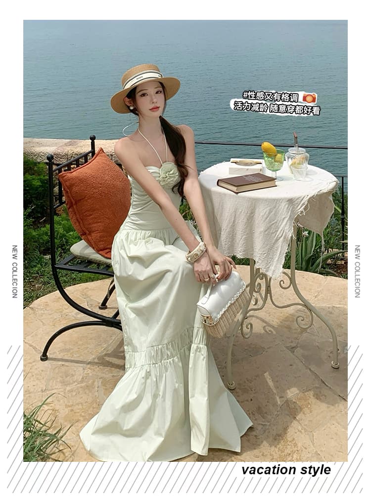 시실리 휴일 장미 행침 목 허리 수축 세련된 면 100% 슬립 롱 코트 여름 드레스 상세 이미지 3