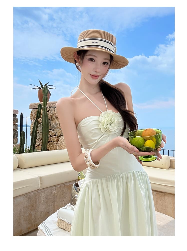 시실리 휴일 장미 행침 목 허리 수축 세련된 면 100% 슬립 롱 코트 여름 드레스 상세 이미지 19