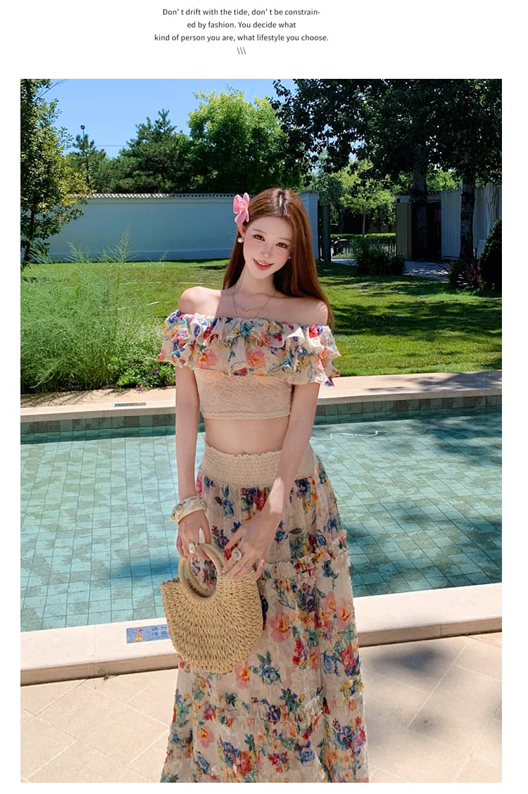 프랑스식 꽃무늬 튜브탑 오프숄더 레이스 맨위 반신 롱 스커트 세트 상세 이미지 10