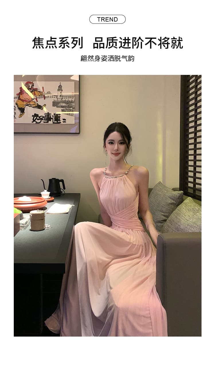 프랑스식 품격 행침 목 다이아몬드 세팅 백리스 해변가 휴가 생일 파티 요정 가스 롱 스커트 상세 이미지 4