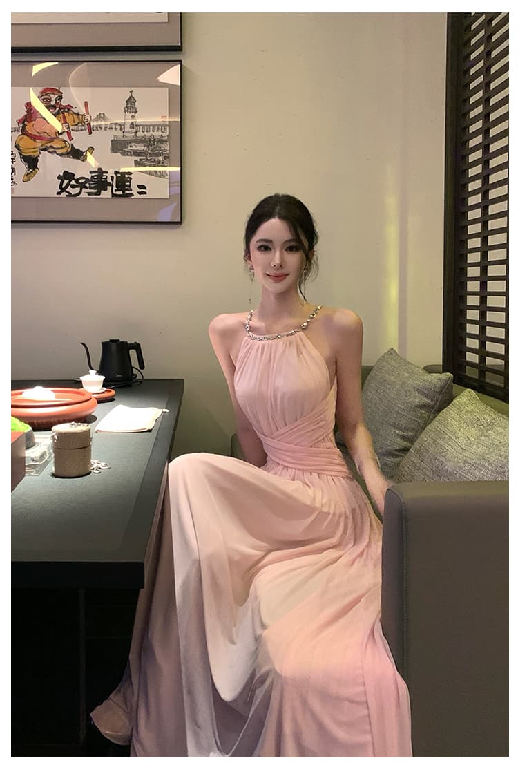 프랑스식 품격 행침 목 다이아몬드 세팅 백리스 해변가 휴가 생일 파티 요정 가스 롱 스커트 상세 이미지 18